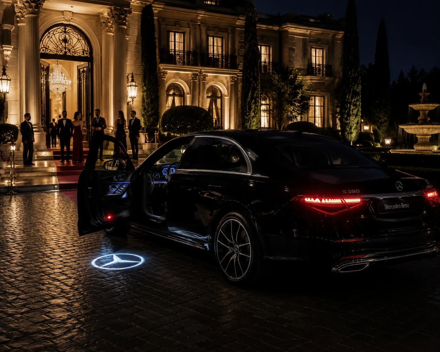 Mercedes negro mansión alfombra roja